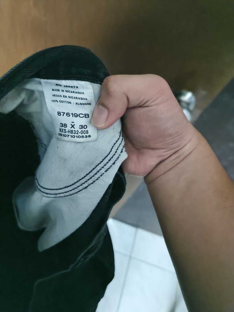 Black denim jeans size 38 x 30 (Category: Jeans) located in Manila. Submitted by searchn (Listing ID 1466401633, Image 3). Description: - Color: Washed Black - Fit: Straight leg - Size: 38" Waist / 30" Inseam - Material: 100% Cotton - Design: Classic 5-pocket with belt loops - Style Number: 87619CB - Condition: Clean, solid everyday wear.