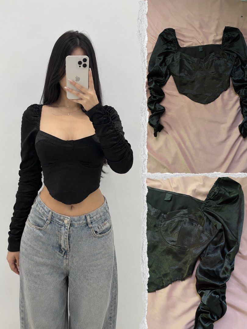 Black Long Sleeve Corset Top Square Neck (Category: Longsleeves) located in Manila. Submitted by coolflower-e6627b (Listing ID 1466446132, Image 1). Description: - Color/Material: Black smooth satin-like fabric - Design: Structured bustier with curved hemline, square neckline, and ruched long sleeves - Fit: Slim fit, true to size - Condition: Worn once for photos, basically untouched - Styling: Perfect for nights out or pairing with casual jeans.