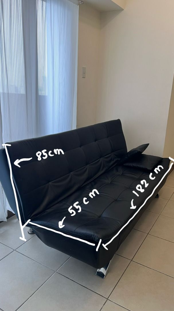 Black Sofa Bed (Category: Sofas) located in Caloocan City. Submitted by mgdlkaye (Listing ID 1466365442, Image 3). Description: !! dimensions on the photos !! message me for vids and more pics. price: 7,500 pesos rfs: too big for my place. issues: few cat scratches inclusions: two throw pillows (bought with the sofa bed) location: infina, north tower notes: - bought this sofa bed this year, june 2026. - pick up/delivery will be shouldered by buye