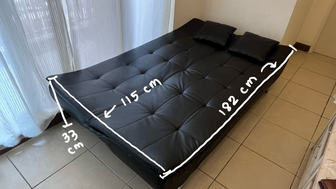 Black Sofa Bed (Category: Sofas) located in Caloocan City. Submitted by mgdlkaye (Listing ID 1466365442, Image 2). Description: !! dimensions on the photos !! message me for vids and more pics. price: 7,500 pesos rfs: too big for my place. issues: few cat scratches inclusions: two throw pillows (bought with the sofa bed) location: infina, north tower notes: - bought this sofa bed this year, june 2026. - pick up/delivery will be shouldered by buye