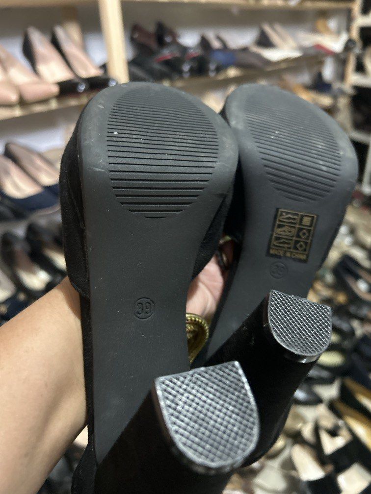 Black suade heels size 39 (Category: Heels) located in Cavite. Submitted by cecitrifthshop (Listing ID 1466423061, Image 3). Description: black heels feature striking metallic gold multi-strand ankle straps zipper back size 39 like new .