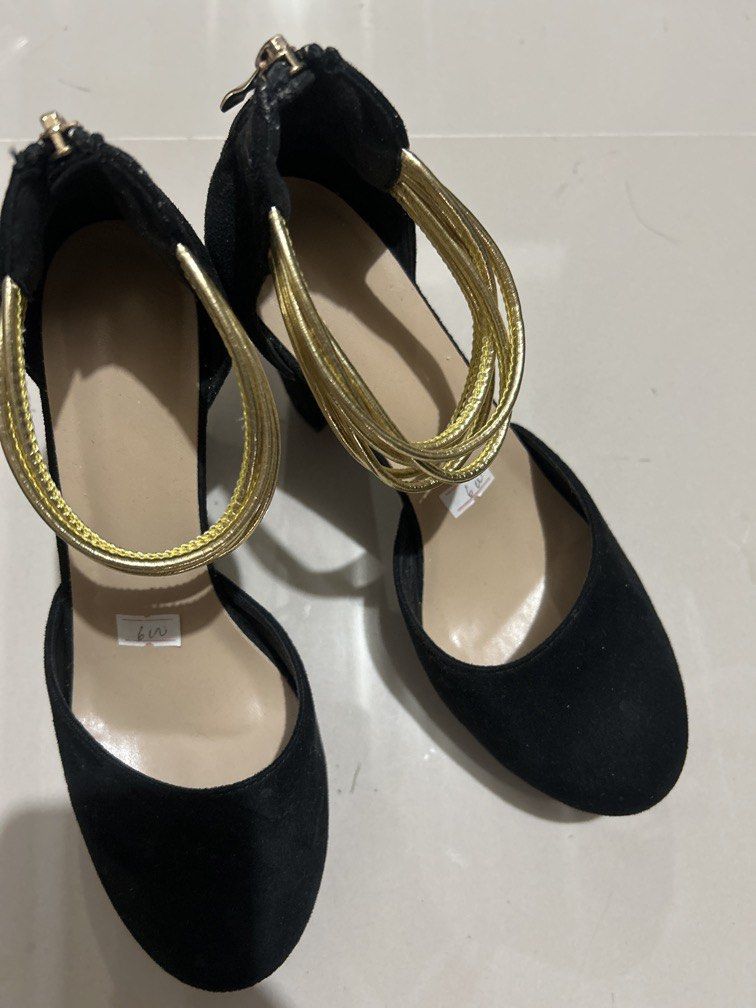 Black suade heels size 39 (Category: Heels) located in Cavite. Submitted by cecitrifthshop (Listing ID 1466423061, Image 1). Description: black heels feature striking metallic gold multi-strand ankle straps zipper back size 39 like new .