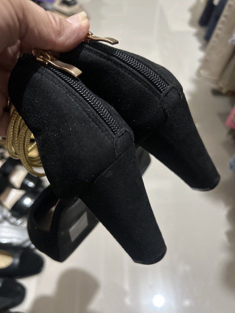 Black suade heels size 39 (Category: Heels) located in Cavite. Submitted by cecitrifthshop (Listing ID 1466423061, Image 2). Description: black heels feature striking metallic gold multi-strand ankle straps zipper back size 39 like new .