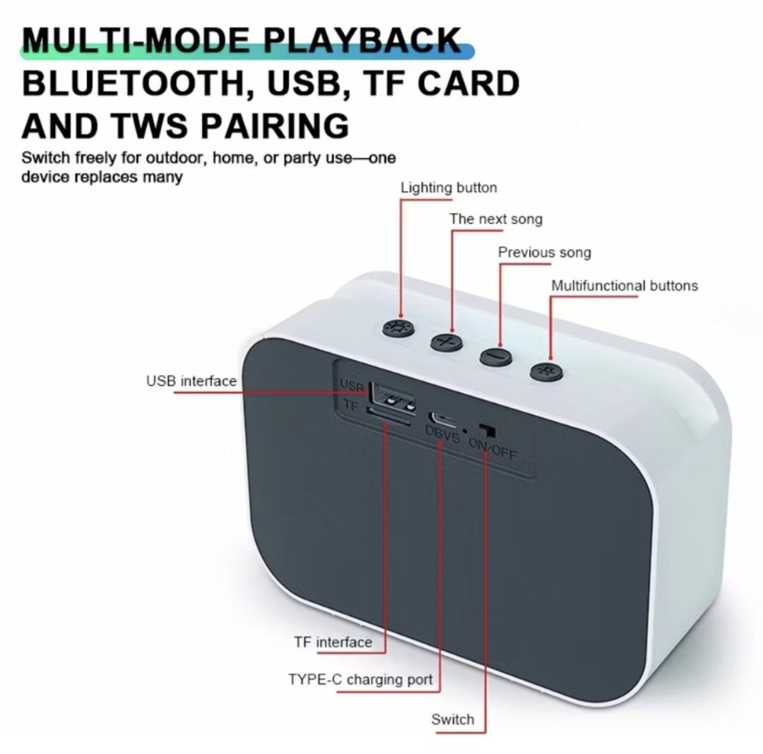 Bluetooth Wireless Speaker with RGB Lighting and TWS Interconnection (Category: Soundbars, Speakers & Amplifiers) located in Iloilo. Submitted by maikeru27 (Listing ID 1466540124, Image 3). Description: - Power Output: 6W RMS sound with 3rd-gen acoustic chamber and 52mm neodymium driver for deep bass - Connectivity: Bluetooth 5.3, USB, and TF card support - Lighting: Transparent RGB lighting with 8 beat-synced effects - Battery Life: Up to 6 hour