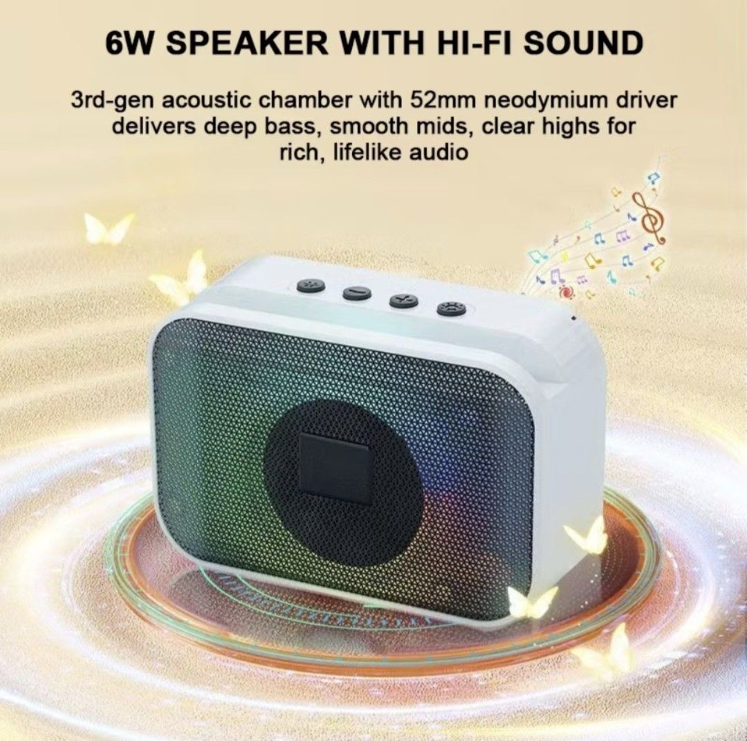Bluetooth Wireless Speaker with RGB Lighting and TWS Interconnection (Category: Soundbars, Speakers & Amplifiers) located in Iloilo. Submitted by maikeru27 (Listing ID 1466540124, Image 2). Description: - Power Output: 6W RMS sound with 3rd-gen acoustic chamber and 52mm neodymium driver for deep bass - Connectivity: Bluetooth 5.3, USB, and TF card support - Lighting: Transparent RGB lighting with 8 beat-synced effects - Battery Life: Up to 6 hour