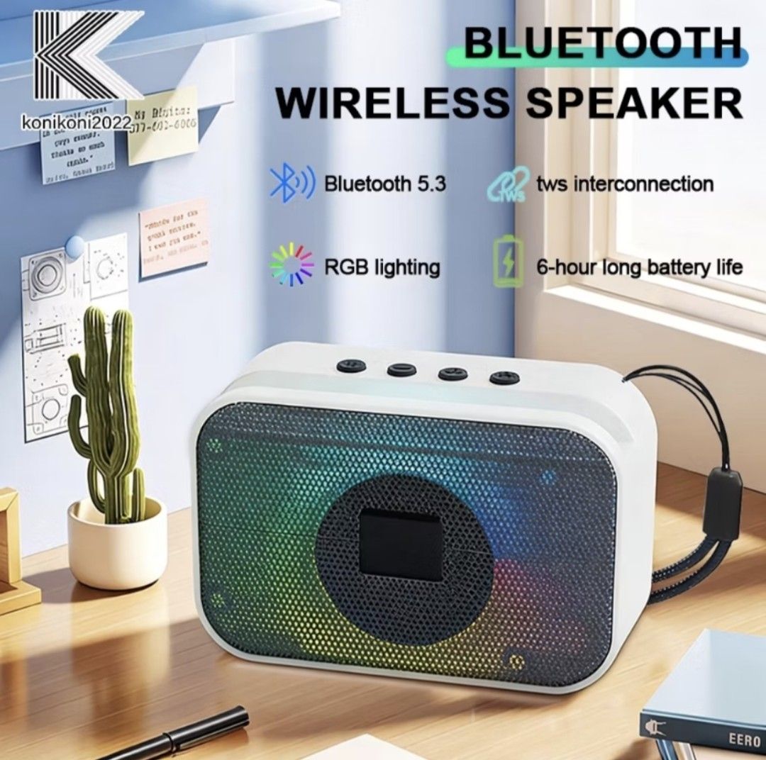 Bluetooth Wireless Speaker with RGB Lighting and TWS Interconnection (Category: Soundbars, Speakers & Amplifiers) located in Iloilo. Submitted by maikeru27 (Listing ID 1466540124, Image 1). Description: - Power Output: 6W RMS sound with 3rd-gen acoustic chamber and 52mm neodymium driver for deep bass - Connectivity: Bluetooth 5.3, USB, and TF card support - Lighting: Transparent RGB lighting with 8 beat-synced effects - Battery Life: Up to 6 hour