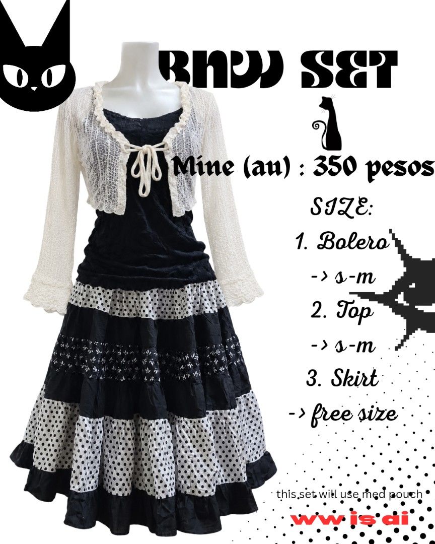 BNW SET (Category: Sets or Coordinates) located in Davao. Submitted by lavinia.finds (Listing ID 1466483550, Image 1). Description: ˚₊‧꒰ა ☆ ໒꒱ ‧₊˚ ♡ 𝑺𝒆𝒕 ♡01 ୨୧ 3-piece set: bolero + top + skirt ୨୧ black and white polka dot ୨୧ sheer lace bolero with 2 ribbon ties ୨୧ sold as a set only ⌗ brand : no brand ⌗ size : s-m (bolero & top), free size (skirt) ⌗ condition : kindly check photos ♡ ⟡ mine (au) : ₱350 +sf ✿ mop : gcash ✿ mod : j&t express ✿ l