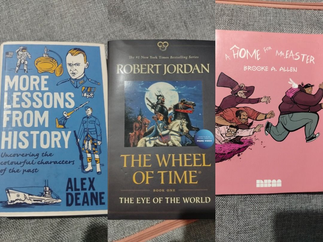 Books and Graphic Novel Bundle (Category: Storybooks) located in Pasig City. Submitted by wiselime (Listing ID 1466465861, Image 1). Description: - The Eye of the World (The Wheel of Time Book 1) - More Lessons from History by Alex Deane - A Home for Mr. Easter graphic novel All for 500 Loc: Pasig City MOD: Lalamove/LBC MOP: Gcash .