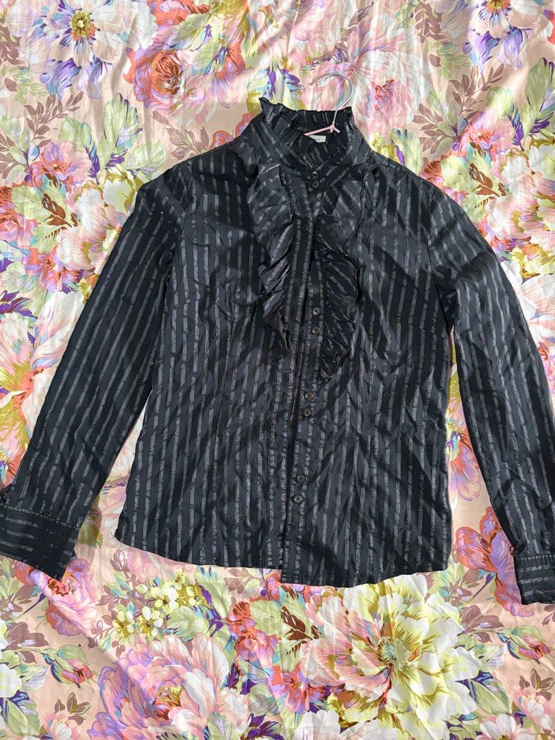 bossini ladies black striped long sleeve button down blouse (Category: Longsleeves) located in Paranaque City. Submitted by delikaite (Listing ID 1466415513, Image 1). Description: - Brand/Item: Bossini Ladies Long Sleeve Blouse - Color: Black with subtle textured vertical stripes - Size: Small (S) - Design: Front ruffles, button-down front, and classic collar - Fabric: Lightweight and comfortable - Style: Perfect for office wear or smart-casual 