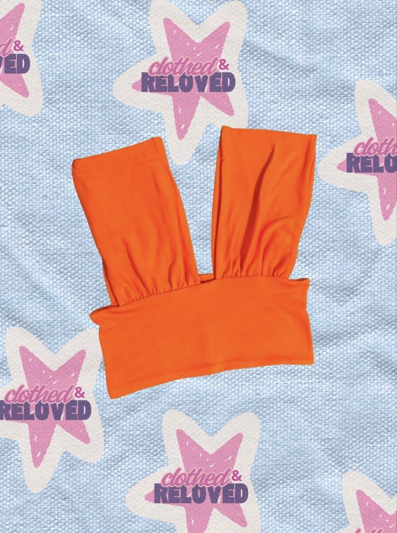 Bright Orange Ribbed Crop Top (Category: Blouses) located in Binan City. Submitted by szummie (Listing ID 1466465435, Image 1). Description: - Color: Vibrant orange - Style: Deep V-neck crop top with thick straps.