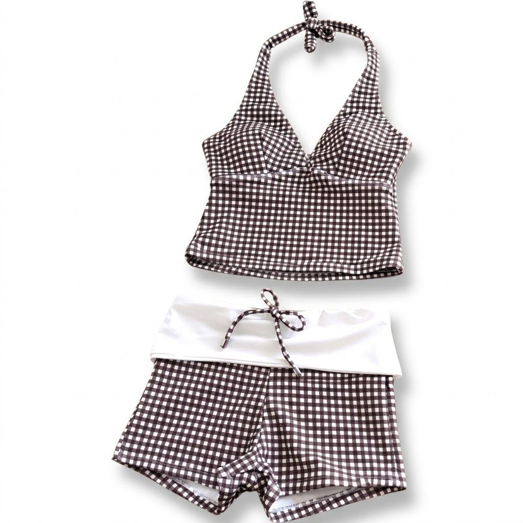 Brown Gingham Halter Top & Shorts Co-ord Set (Category: Bikinis & Swimsuits) located in Subic. Submitted by cyrelll (Listing ID 1463402055, Image 1). Description: SIZE: S.