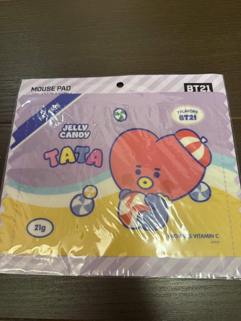 BT21 TATA Jelly Candy Mouse Pad (Category: K-Wave Merchandise) located in Marikina City. Submitted by culose (Listing ID 1466491613, Image 1). Description: - Item: BT21 Tata Jelly Candy Mouse Pad - Design: Purple and yellow with Tata holding a candy - Condition: Brand new, sealed in original plastic packaging - Perfect for: BTS fans, ARMY, and desk aesthetic upgrades - Shipping: Fast transaction, ships from PH.