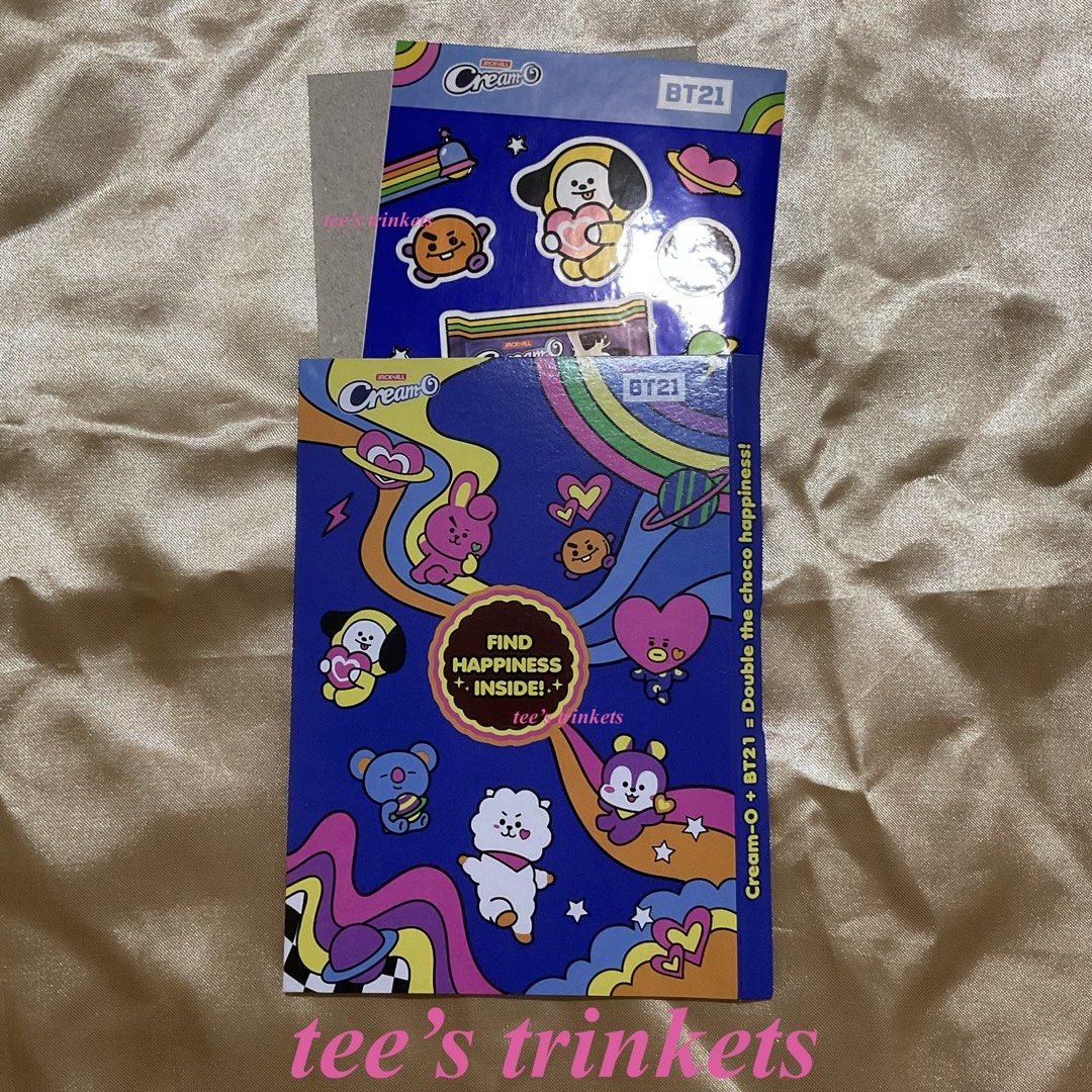 BTS BT21 x Cream-o Sticker Sheet (Category: K-Wave Merchandise) located in Manila. Submitted by teestrinkets (Listing ID 1466495120, Image 3). Description: BTS BT21 x Cream O Sticker Sheet - ₱80.00 - includes the cardboard packaging tags: bangtan sonyeondan jin seokjin suga yoongi j-hope hoseok rm rap monster namjoon jimin v taehyung jungkook rj shooky mang koya chimmy tata cooky creamo 방탄소년단 .