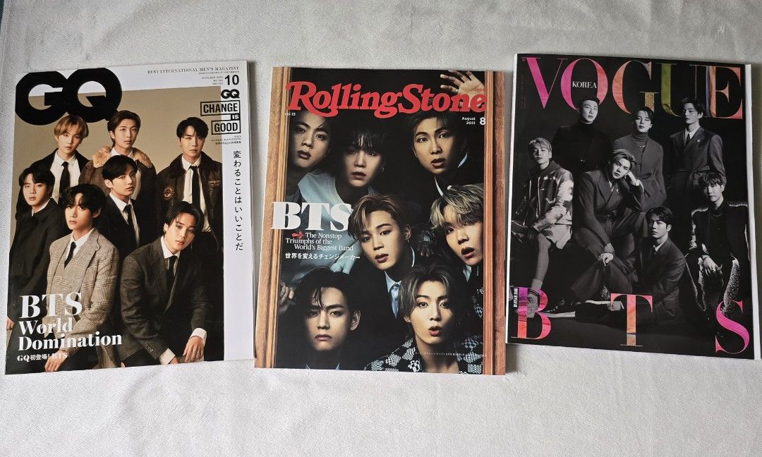 BTS GQ Rolling Stone Vogue Korea Magazines Bundle Set (Category: Magazines) located in Davao. Submitted by aikaerika (Listing ID 1466523864, Image 1). Description: - Bundle includes 3 iconic BTS magazines: GQ, Rolling Stone Japan (August 2021), and Vogue Korea - Features exclusive group and individual member covers and photospreads - Condition: Clean pages, no missing sheets, well-kept - Perfect addition for ARMY collectors completing their merch