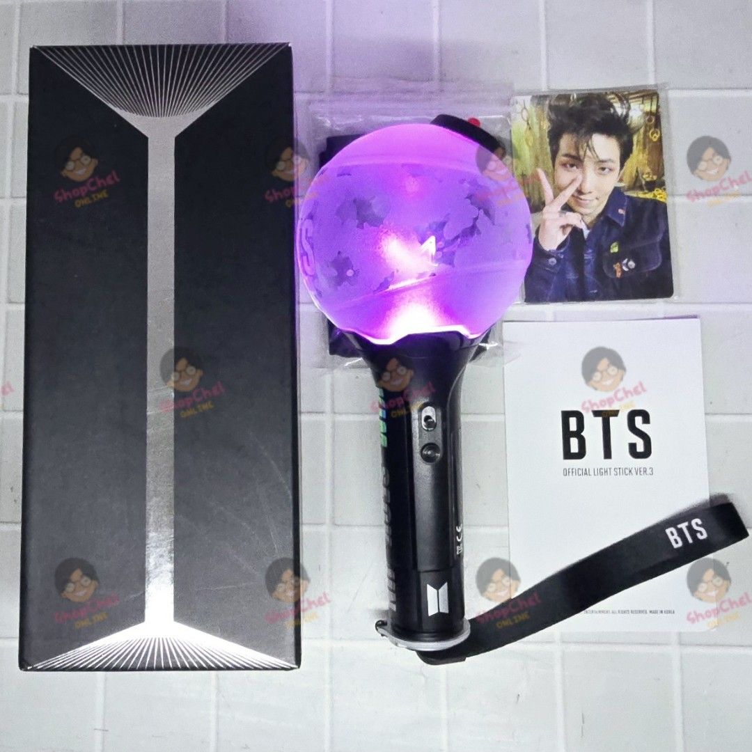 BTS OFFICIAL LIGHT STICK VER.3 Unsealed (Category: K-Wave Merchandise) located in Cainta. Submitted by shopchelonline (Listing ID 1466506128, Image 1). Description: BTS OFFICIAL LIGHT STICK VER.3 Unsealed ✅️Jin sticker attached; Bluetooth checked 🛒1,550.00each(all in)+lsf 70%DP - NEW BUYER 50%DP - OLD BUYER RB: 15 DAYS AFTER DP; NETA 💎Pre-order -NO RUSH SHIPPING 💎Korea Pasabuy - NORMAL ETA 💎Colors may vary due to lighting. 💎Availability and 