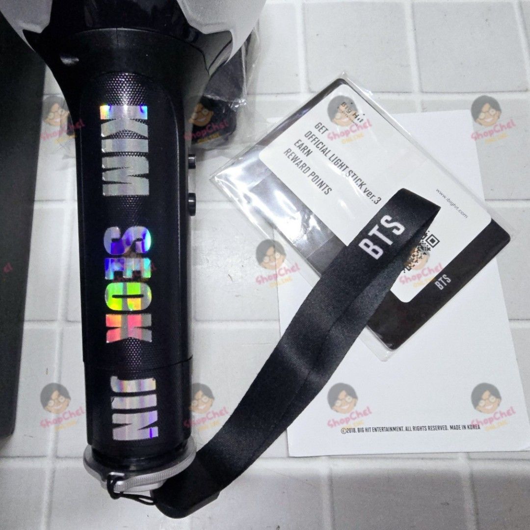 BTS OFFICIAL LIGHT STICK VER.3 Unsealed (Category: K-Wave Merchandise) located in Cainta. Submitted by shopchelonline (Listing ID 1466506128, Image 3). Description: BTS OFFICIAL LIGHT STICK VER.3 Unsealed ✅️Jin sticker attached; Bluetooth checked 🛒1,550.00each(all in)+lsf 70%DP - NEW BUYER 50%DP - OLD BUYER RB: 15 DAYS AFTER DP; NETA 💎Pre-order -NO RUSH SHIPPING 💎Korea Pasabuy - NORMAL ETA 💎Colors may vary due to lighting. 💎Availability and 