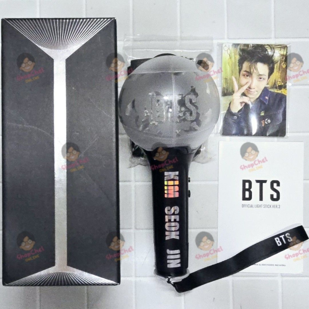 BTS OFFICIAL LIGHT STICK VER.3 Unsealed (Category: K-Wave Merchandise) located in Cainta. Submitted by shopchelonline (Listing ID 1466506128, Image 2). Description: BTS OFFICIAL LIGHT STICK VER.3 Unsealed ✅️Jin sticker attached; Bluetooth checked 🛒1,550.00each(all in)+lsf 70%DP - NEW BUYER 50%DP - OLD BUYER RB: 15 DAYS AFTER DP; NETA 💎Pre-order -NO RUSH SHIPPING 💎Korea Pasabuy - NORMAL ETA 💎Colors may vary due to lighting. 💎Availability and 