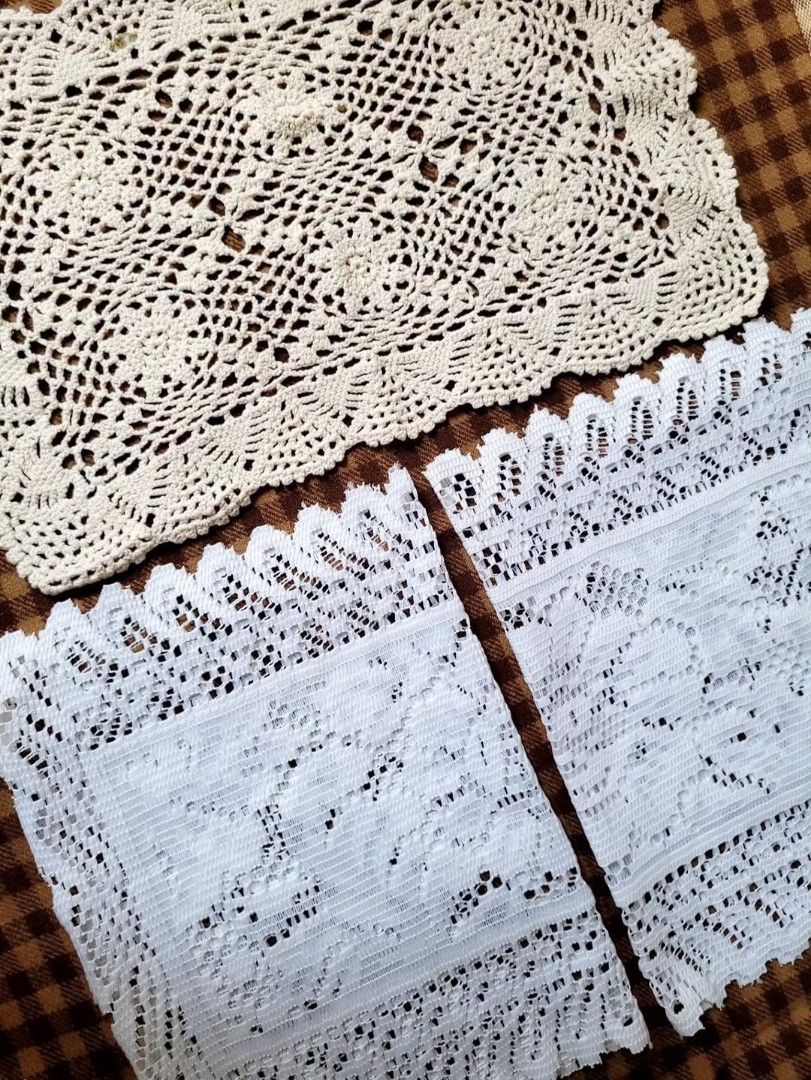 Bundle 3 pcs Vintage Lace Placemats (Category: Other Home Decor) located in Balanga. Submitted by marae_c (Listing ID 1466425777, Image 2). Description: In very good condition. Minimal flaw lang sa crochet one yung cream. See last pic for ref. Other than that all goods. Classic placemat or vase cover..