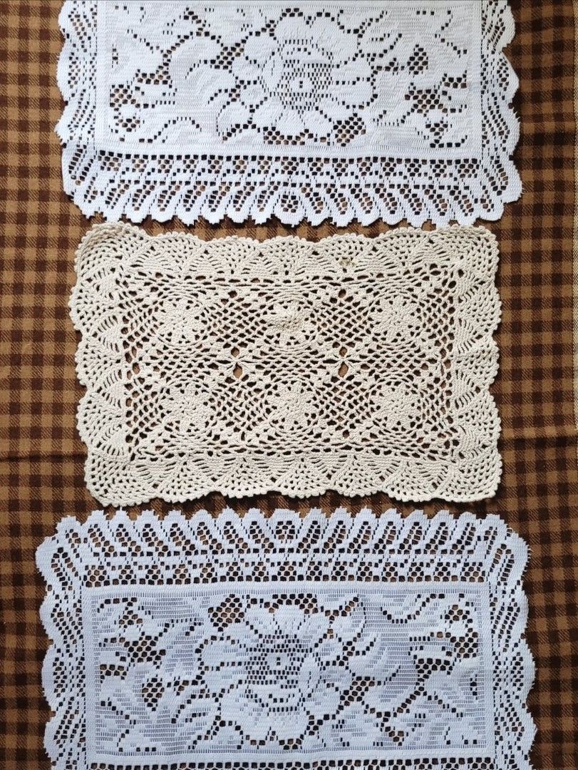 Bundle 3 pcs Vintage Lace Placemats (Category: Other Home Decor) located in Balanga. Submitted by marae_c (Listing ID 1466425777, Image 1). Description: In very good condition. Minimal flaw lang sa crochet one yung cream. See last pic for ref. Other than that all goods. Classic placemat or vase cover..