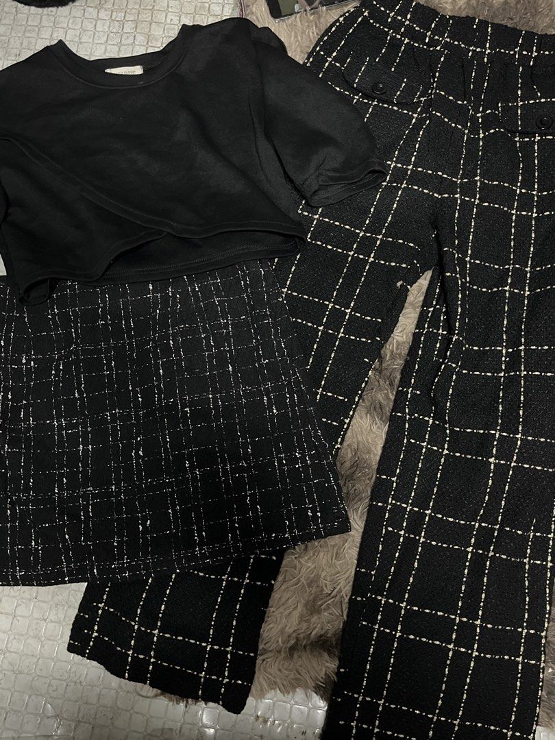 Bundle Black and White Tweed Pants Set with Crop Top (Category: Sets or Coordinates) located in Binan City. Submitted by xo.declutters (Listing ID 1466525298, Image 1). Description: - Matching black and white plaid tweed set - Includes a solid black short-sleeve crop top and patterned trousers - Textured fabric with stylish white grid lines - Versatile outfit for going out or casual days - Easy to mix and match with other wardrobe staples.