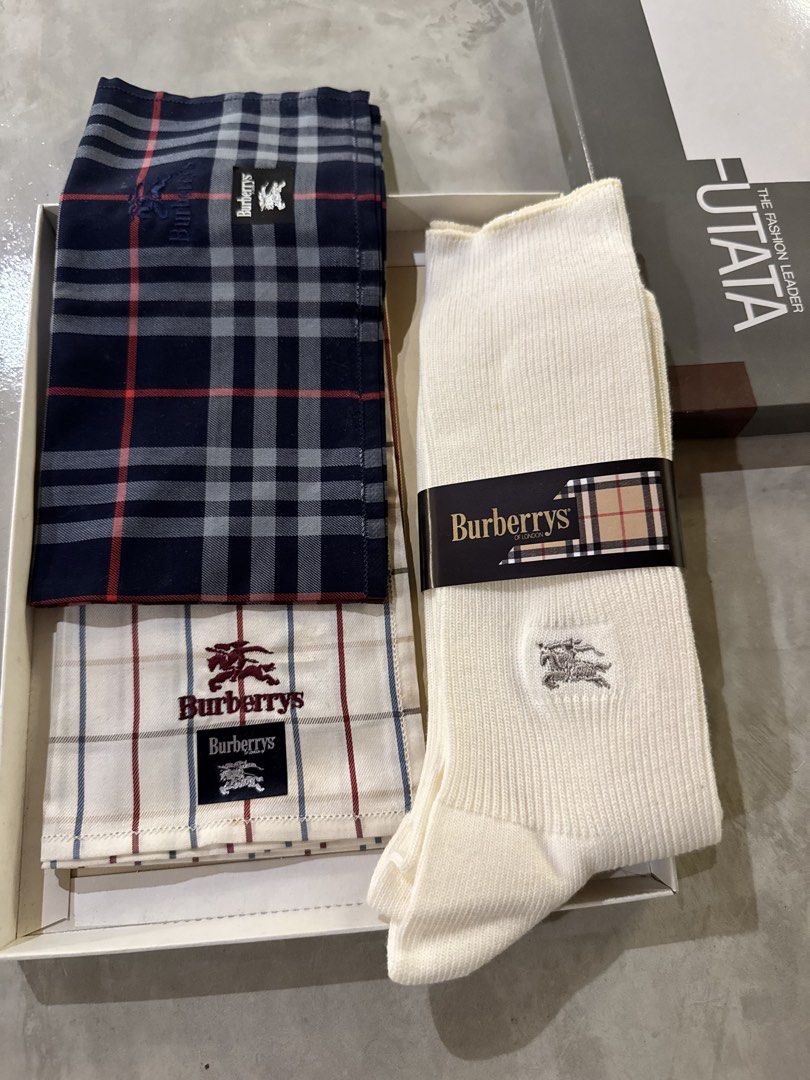 Burberry Socks & Handkerchief Gift Set (Category: Luxury Accessories) located in Manila. Submitted by thevintage90_sretro. (Listing ID 1466370298, Image 1). Description: Burberry Socks & Handkerchief Gift Set Brandnew complete with box legit dm.