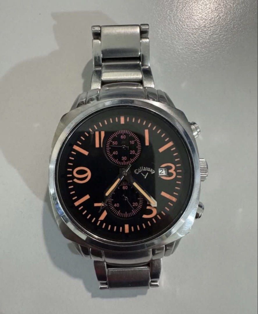 Callaway CY2145 Chronograph Stainless Steel Watch (Category: Men's Watches) located in Laguindingan. Submitted by kixseven (Listing ID 1466428126, Image 1). Description: - Brand/Model: Callaway CY2145 Men's Chronograph Watch - Design: Stainless steel case and metal bracelet with a bold black dial and striking orange numbers - Features: Functional sub-dials and convenient date window at the 3 o'clock position - Durability: 5ATM water resistant rat