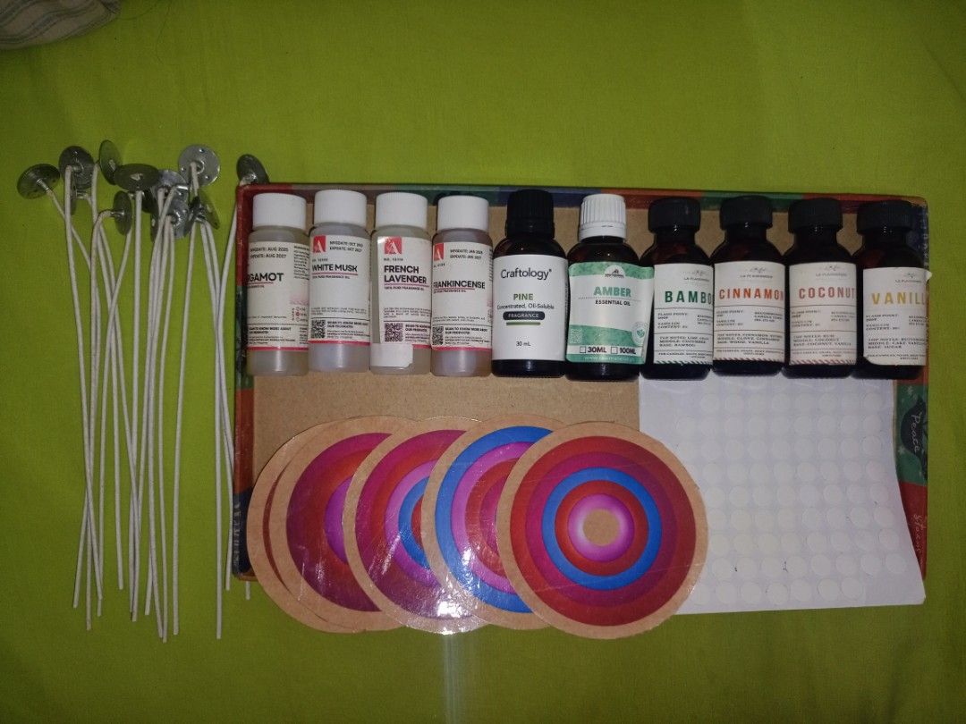 Candle making essentials (90-95%full!) (Category: Home Fragrance) located in Quezon City. Submitted by fibsy (Listing ID 1466486142, Image 3). Description: DIY scented candle making essentials 30 ml bottle (90 to 95% full) 2027 pa expiration 1. Coconut 2. Vanilla 3. Cinnamon 4. Pine 5. Bamboo 6. White Musk 7. French Lavender 8. Bergamot 9. Frankincense 10. Amber (Essential Oil) iba pang kasama: 1. wick sticker (97 pcs.) 2. wick (15 pcs.) 3. pang 