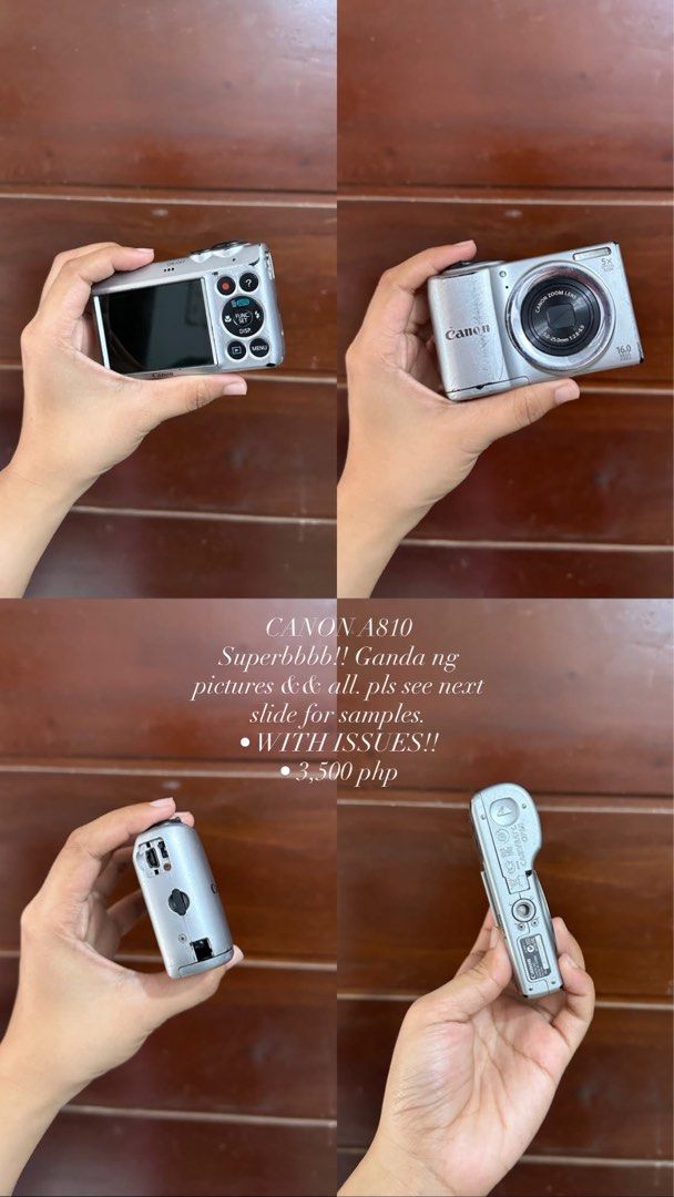 Canon A810 Digital Camera (Category: Cameras) located in Manila. Submitted by taaadhana (Listing ID 1466394337, Image 1). Description: - Model: Canon A810 Point & Shoot Camera - Price: ₱3,500 - Photo Quality: Produces amazing vintage-style shots (check sample photos) - Condition Issues: - Max zoom triggers a temporary lens error (resets and works fine) - Worn exterior with a broken battery door (needs electrical tape or repair) - Slight LCD burn 