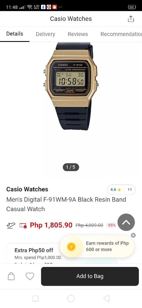 Casio F-91WM-9A Digital Watch (Category: Women's Watches) located in Calamba. Submitted by thekidwholovesvintage (Listing ID 1466372579, Image 3). Description: - Model: Casio F-91WM-9A (Retro Digital Watch) - Design: Gold-tone resin case with a comfortable black resin strap - Functions: Alarm, chronograph (stopwatch), and water resistance - Build: Stainless steel back case, lightweight everyday wear - Movement: Battery-powered quartz, runs smooth