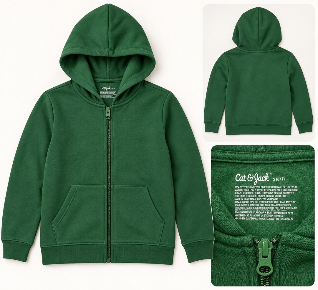 C@t & J@ck Green Zip-Up Hoodie (Category: Babies & Kids Fashion) located in Caloocan City. Submitted by quickforest-a911 (Listing ID 1466456172, Image 1). Description: - Brand: C@t & J@ck (Brand New with Tag) - Size: 6/7 - Color: Green - Material: Cotton and recycled polyester blend with soft fleece interior - Closure: Front zipper with matching pull - Pockets: Front kangaroo pockets - Details: Attached hood, ribbed cuffs and hem - Care: Easy to 