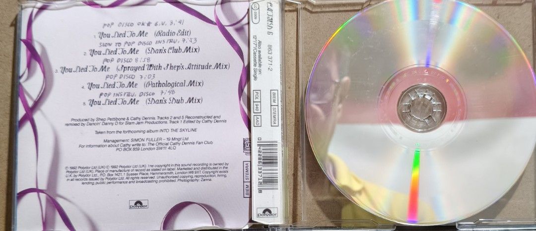 Cathy Dennis You Lied To Me CD Maxi Single (Category: CDs & DVDs) located in Manila. Submitted by ruelcabrer77078 (Listing ID 1466433123, Image 2). Description: - Artist & Title: Cathy Dennis - You Lied To Me - Format: CD Maxi Single, Polydor (1992) - Catalog Number: CATHD 6 / 863 371-2 - Tracklist (5 Mixes): Radio Edit, Dan's Club Mix, Sprayed With Shep's Attitude Mix, Pathological Mix, and Dan's Dub Mix - Condition/Packaging: Standard jewel cas
