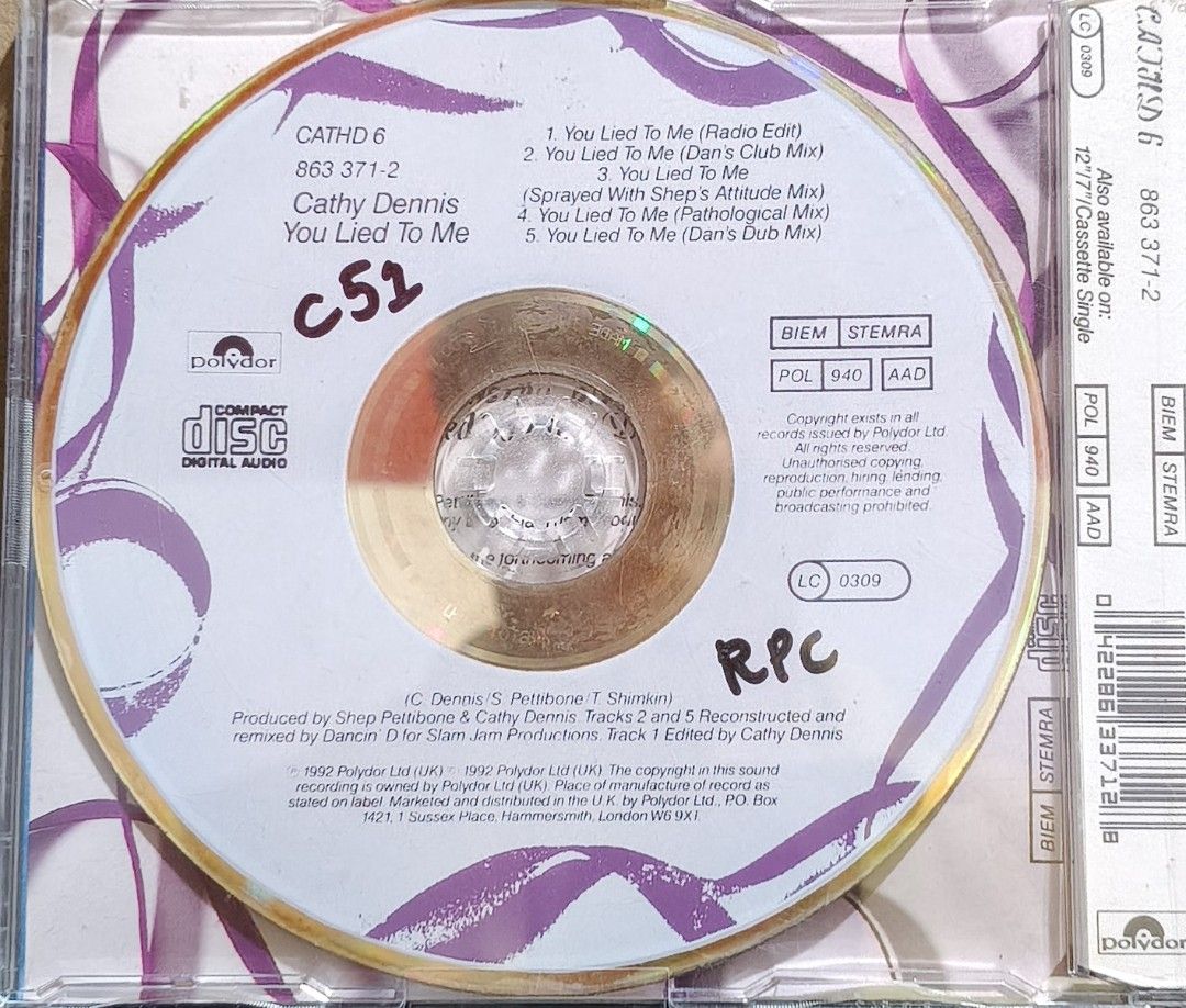 Cathy Dennis You Lied To Me CD Maxi Single (Category: CDs & DVDs) located in Manila. Submitted by ruelcabrer77078 (Listing ID 1466433123, Image 3). Description: - Artist & Title: Cathy Dennis - You Lied To Me - Format: CD Maxi Single, Polydor (1992) - Catalog Number: CATHD 6 / 863 371-2 - Tracklist (5 Mixes): Radio Edit, Dan's Club Mix, Sprayed With Shep's Attitude Mix, Pathological Mix, and Dan's Dub Mix - Condition/Packaging: Standard jewel cas