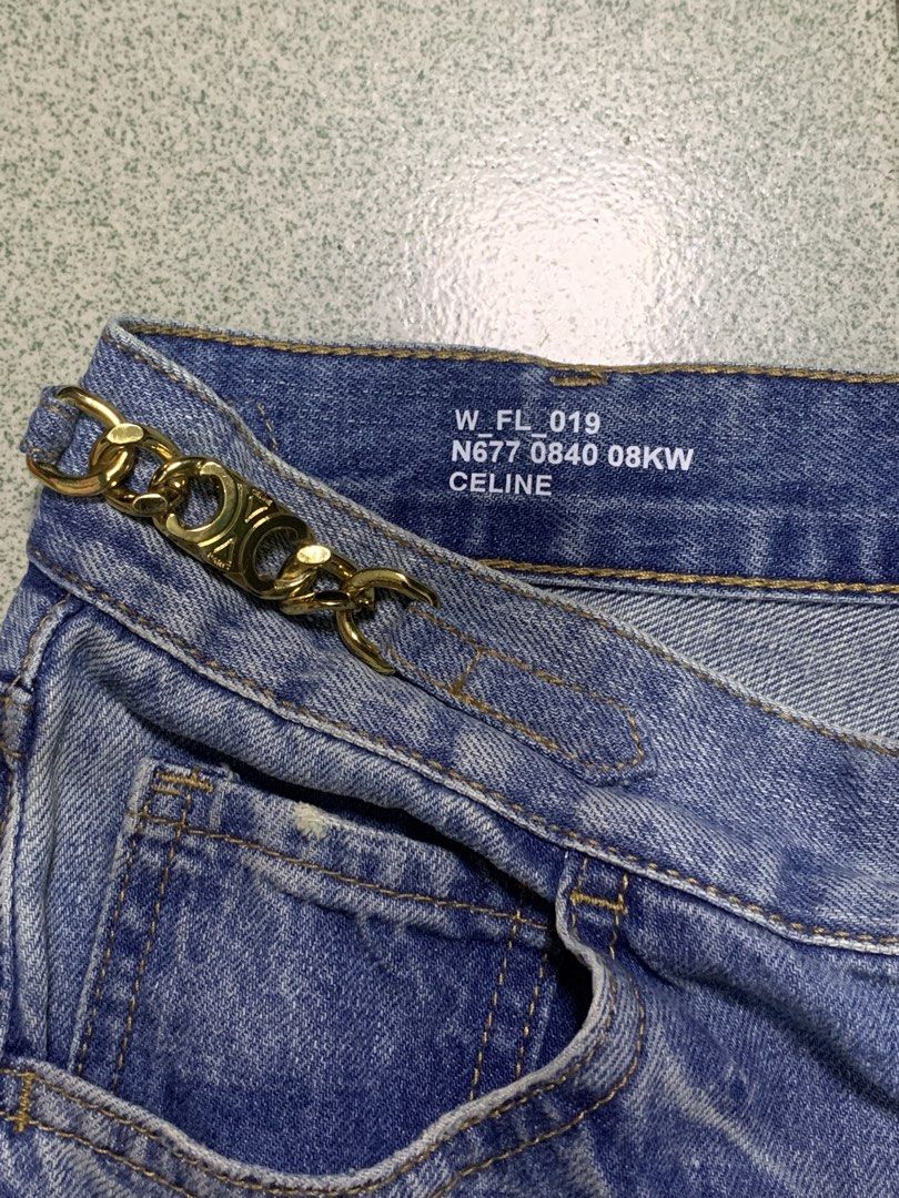 CELINE Blue Flared Jeans With Gold Details (Category: Jeans) located in Davao. Submitted by mysticeagle-2763 (Listing ID 1466466043, Image 3). Description: Dimes W-32📌 L-41📌 T-11📌 H-9.5📌.