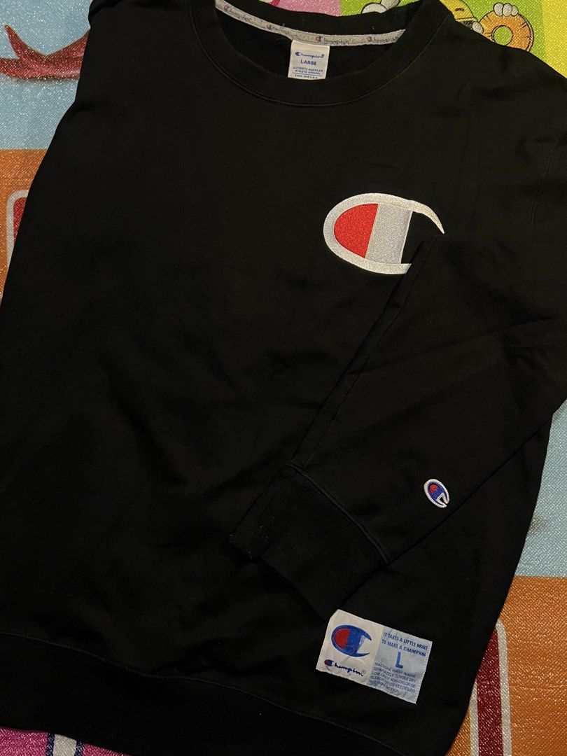 Champion Black and Grey Sweatshirts Bundle (Category: Coats, Jackets and Outerwear) located in Manila. Submitted by kayee.3 (Listing ID 1466496204, Image 2). Description: - Bundle includes multiple Champion sweatshirts (black with big chest logos/sleeve branding and classic grey crewneck with small embroidered logo) - Material: Soft cotton fleece inside with ribbed cuffs and hem - Sizes: Ranges from Large to XL - Condition: Clean, well-maintained