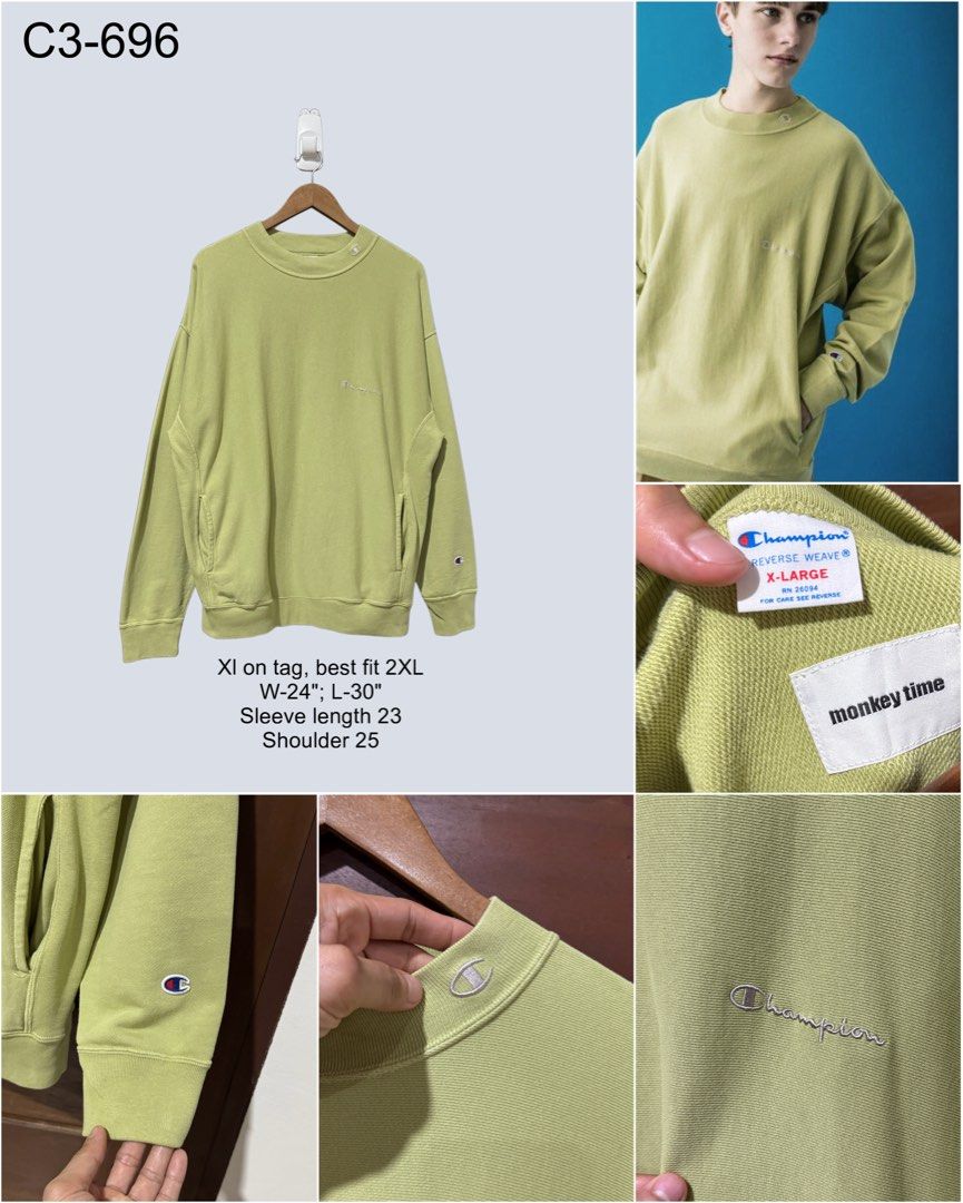 Champion X Monkey Time Reverse Weave Mockneck Sweatshirt Lime (Category: Coats, Jackets and Outerwear) located in Digos. Submitted by appareall (Listing ID 1466497055, Image 2). Description: C3-696 Approximate measurement (taken flat in inches) Size on tag: XL, Fits 2XL Width (pit to pit): 24 Length: 30 Shoulder: 25 Sleeve length: 23 Material: Cotton .