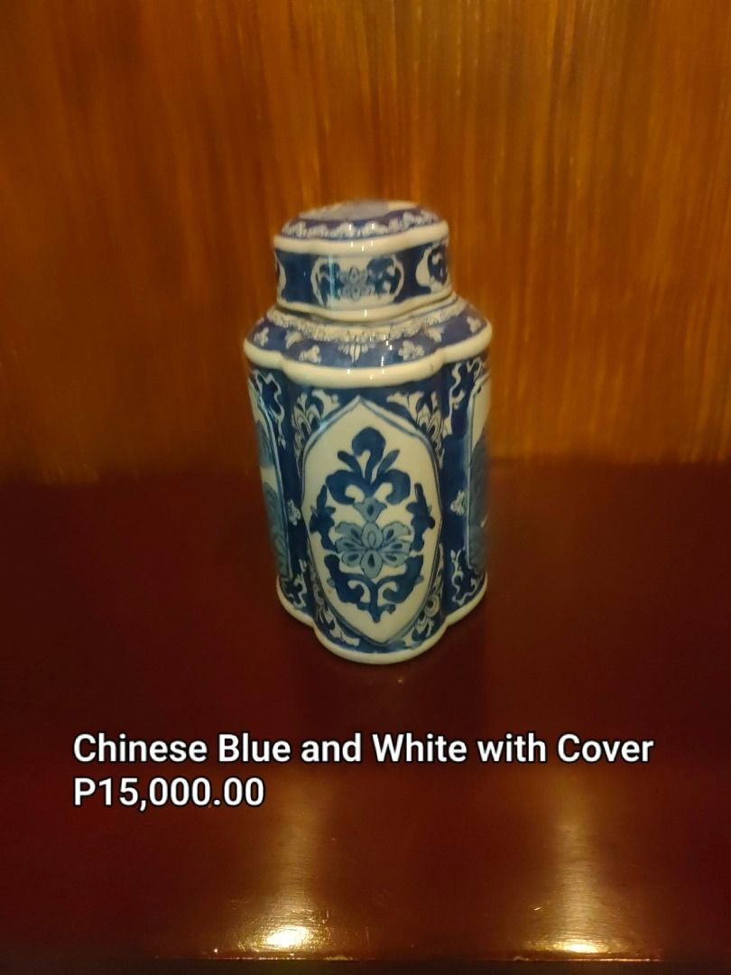 Chinese Blue and White Jar with Cover (Category: Vases & Decorative Bowls) located in Caloocan City. Submitted by rise-edge (Listing ID 1466399641, Image 3). Description: - Type: Chinese blue and white porcelain jar with matching cover - Design: Detailed hand-painted landscape and floral motif panels with bottom stamped mark - Dimensions: Approx. 7" (L) x 5.5" (W) x 9" (H) - Condition: Solid piece with traditional design - Perfect for: Home decor