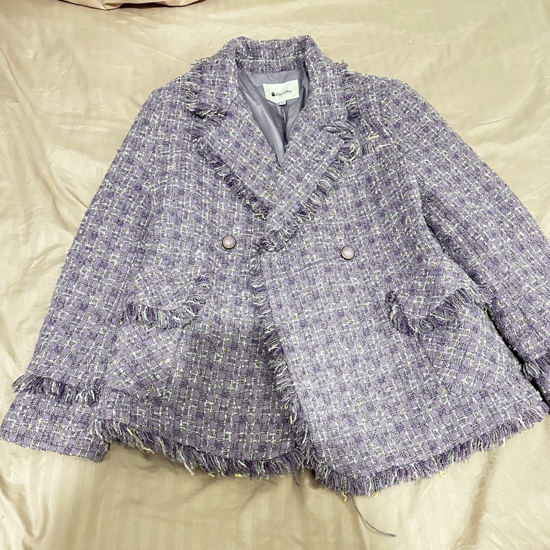 Chushui Purple Tweed Double Breasted Blazer Jacket (Category: Coats, Jackets and Outerwear) located in Manila. Submitted by everythingsale101 (Listing ID 1466446528, Image 1). Description: - Brand/Style: Purple tweed blazer - Details: Double-breasted front with textured fringe trim along the lapels, pockets, and hem - Accents: Eye-catching metallic gold threading woven throughout the fabric and elegant round marbled buttons - Comfort & Fit: Struc
