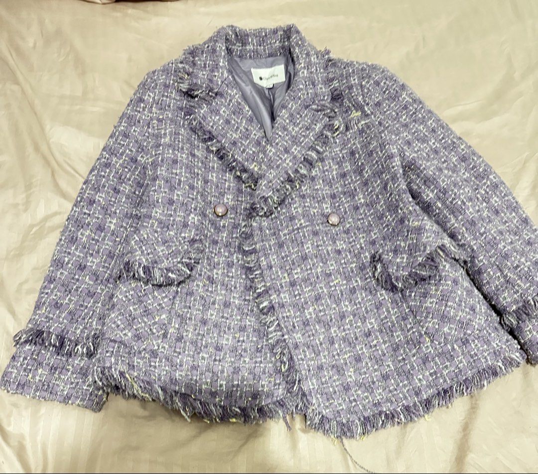 Chushui Purple Tweed Double Breasted Blazer Jacket (Category: Coats, Jackets and Outerwear) located in Manila. Submitted by everythingsale101 (Listing ID 1466446528, Image 2). Description: - Brand/Style: Purple tweed blazer - Details: Double-breasted front with textured fringe trim along the lapels, pockets, and hem - Accents: Eye-catching metallic gold threading woven throughout the fabric and elegant round marbled buttons - Comfort & Fit: Struc