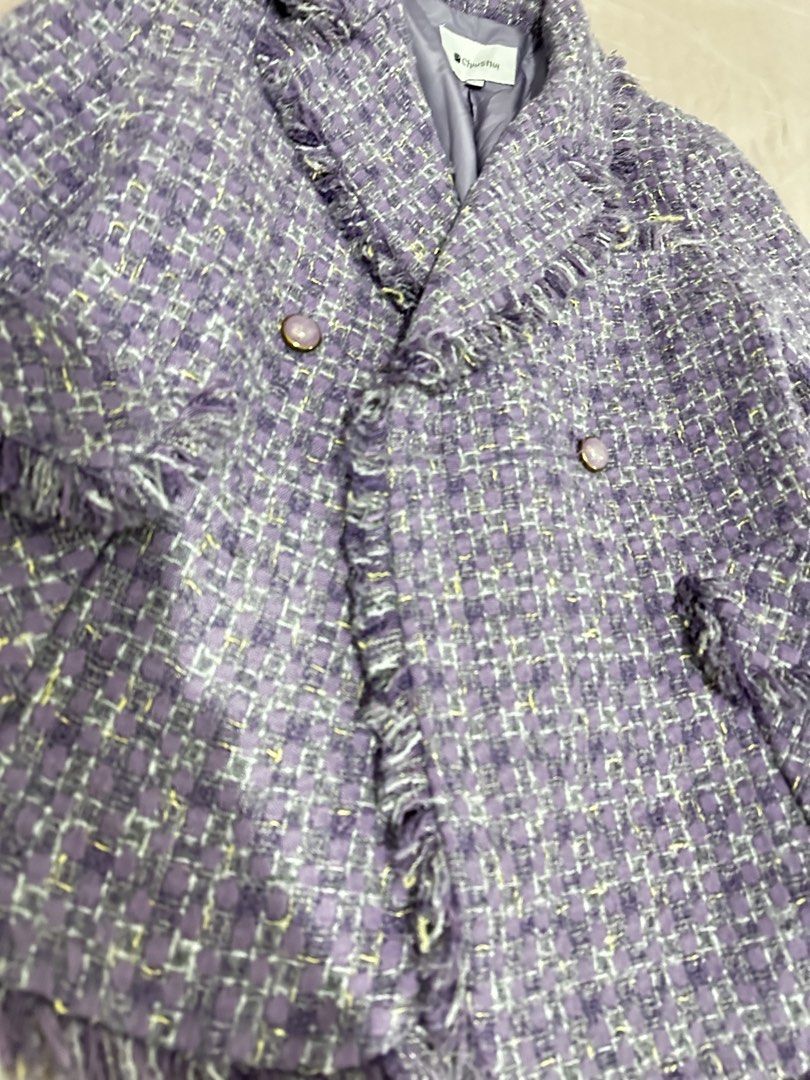 Chushui Purple Tweed Double Breasted Blazer Jacket (Category: Coats, Jackets and Outerwear) located in Manila. Submitted by everythingsale101 (Listing ID 1466446528, Image 3). Description: - Brand/Style: Purple tweed blazer - Details: Double-breasted front with textured fringe trim along the lapels, pockets, and hem - Accents: Eye-catching metallic gold threading woven throughout the fabric and elegant round marbled buttons - Comfort & Fit: Struc