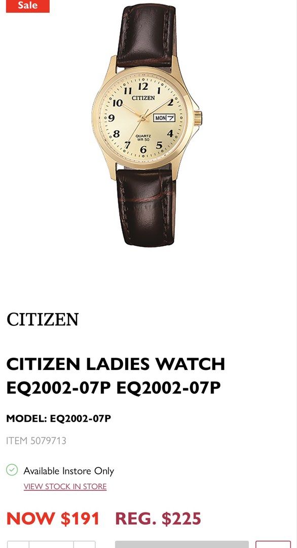Citizen Ladies Watch EQ2002-07P (Category: Women's Watches) located in Manila. Submitted by jdeaellaaaa (Listing ID 1466563171, Image 1). Description: - Brand/Model: Citizen EQ2002-07P Ladies Watch - Design: Elegant gold-tone case with a dark brown leather strap - Dial: Classic champagne dial with easy-to-read Arabic numerals - Features: Convenient day-date window at the 3 o'clock position - Movement: Reliable quartz movement - Water Resistance: 