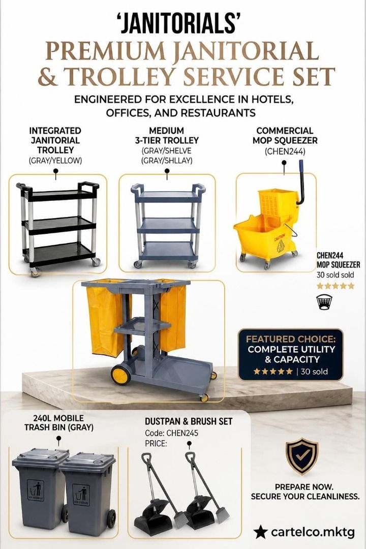 CLEANING & SERVICE ESSENTIALS AVAILABLE (Category: Home Improvement Tools & Accessories) located in Manila. Submitted by cartelcomnl (Listing ID 1466388051, Image 1). Description: CLEANING & SERVICE ESSENTIALS AVAILABLE Complete your cleaning and maintenance setup with quality supplies for restaurants, hotels, offices, schools, commercial spaces, and businesses. Available items: - Service Utility Cart - Mop Squeezer - Dustpan & Broom Set - Gray T