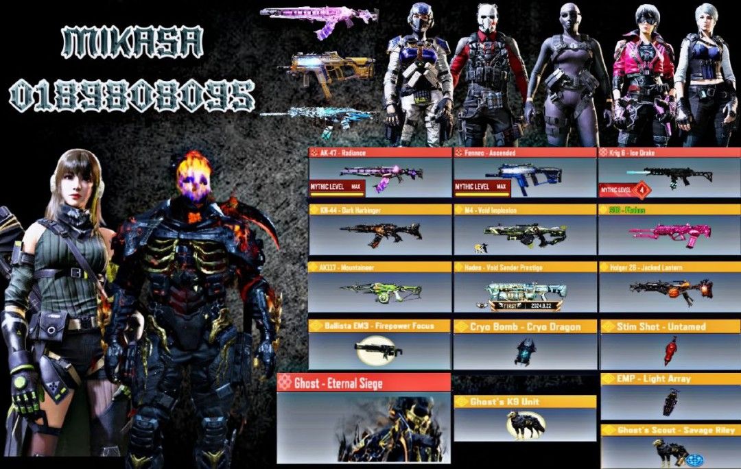 CODM Account Ghost (Category: Game Gift Cards & Accounts) located in Kuala Lumpur. Submitted by mikasagaming (Listing ID 1466477695, Image 1). Description: Call Of Duty Mobile Account Garena Server * Item LEGENDARY atau MYTHIC seperti dalam gambar. * Epic item mmg tak akan edit kesemuanya sebab xmuat gambar. * Boleh terus PM terus kalau berminat. Stok masih ada kalau gambar masih ada ..