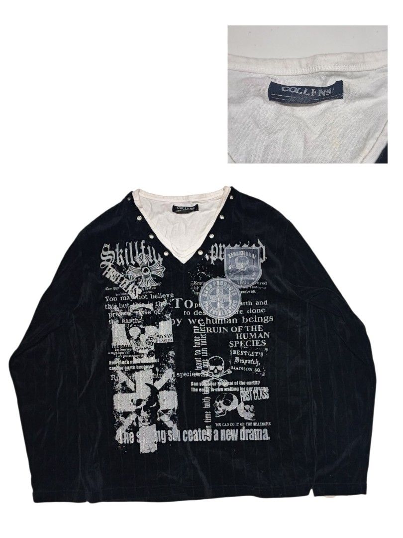 Collins Black Velvet Graphic Longsleeve (Category: Longsleeves) located in Calabanga. Submitted by bekneegear (Listing ID 1466482173, Image 1). Description: - Brand: Collins - Material: Textured velvet with vertical stripes - Color: Black with heavy front graphic prints (skulls, crosses, text) - Details: White layered V-neck collar with metal grommets - Style: Streetwear / edgy graphic piece - Condition: Excellent / well-maintained - Mode of Paym