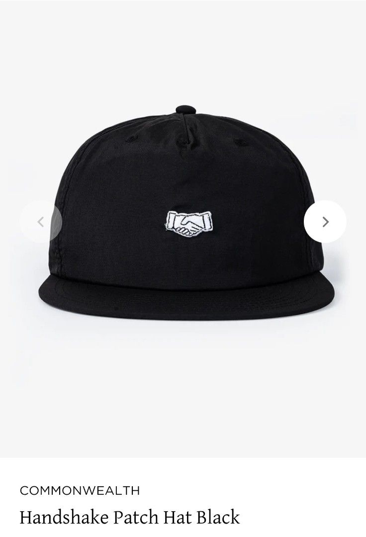 Commonwealth Handshake Patch Hat Black (Category: Caps & Hats) located in Makati City. Submitted by jayclutter0976004 (Listing ID 1466373075, Image 1). Description: - Brand: Commonwealth - Style: Snapback cap - Color: Black with white embroidered handshake patch - Details: Blue woven logo label on the side, adjustable plastic strap at the back - Condition: Brand new with original store tag attached.