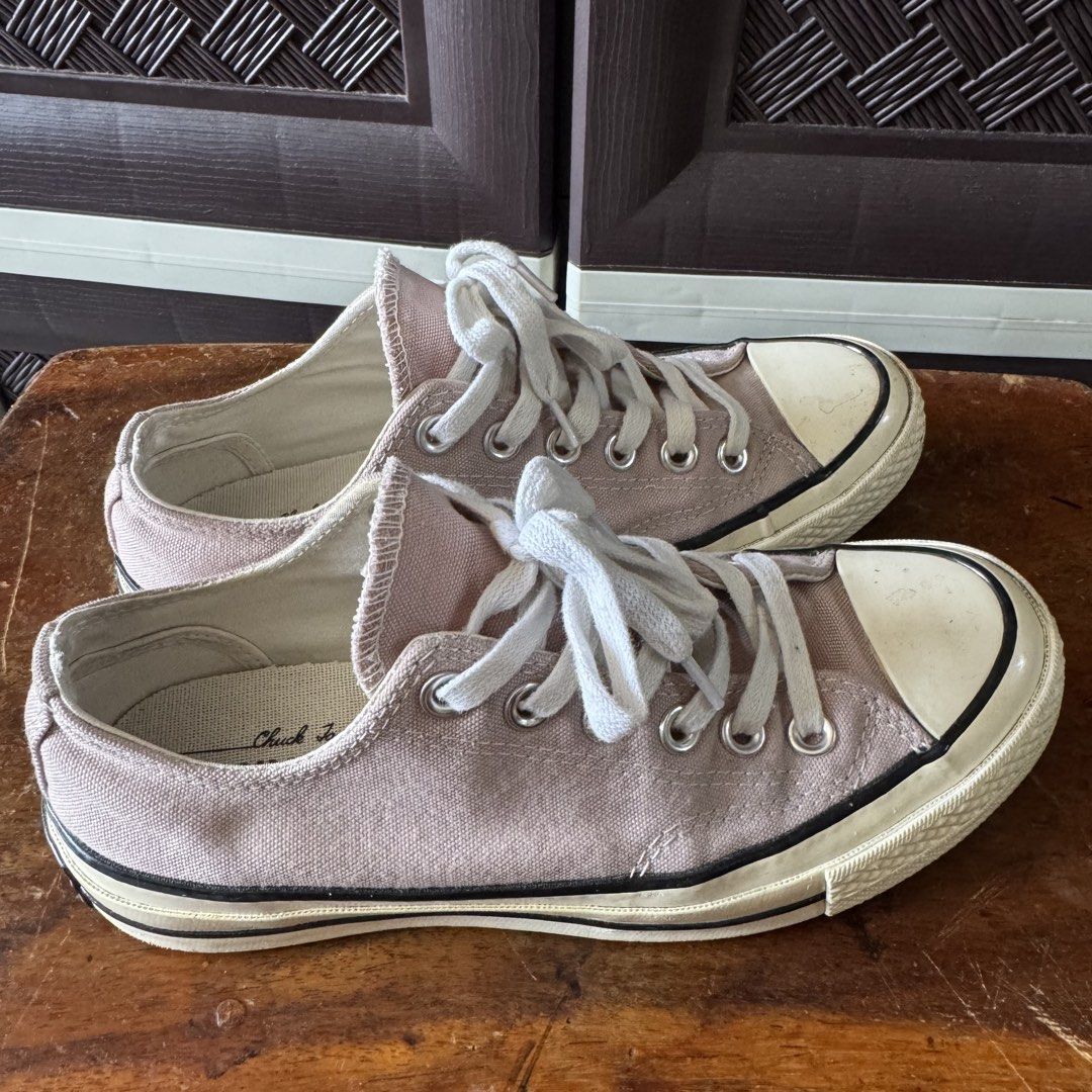 Converse Chuck 70 Ox Low Canvas Sneakers (Category: Sneakers) located in Marikina City. Submitted by preloved_n_reloved (Listing ID 1466418030, Image 2). Description: - Brand: Converse Chuck 70 Ox Low Top - Color: Stone Mauve - Size: Men 4.5 / Women 6.5 / UK 4.5 / EUR 37 (23.5 cm) - Origin: Made in Vietnam - Features: Classic canvas upper, white laces, rubber toe caps, and black foxing stripe - Condition: Pre-owned with normal signs of wear on so