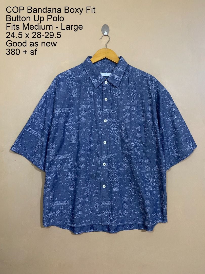 COP Bandana Printed Boxy Fit Button Up Polo (Category: Tshirts & Polo Shirts ) located in Cadiz. Submitted by davidspothead (Listing ID 1466364968, Image 1). Description: Fits Medium to Large Width 24.5" Length 28" front / 29.5" back Good as new.