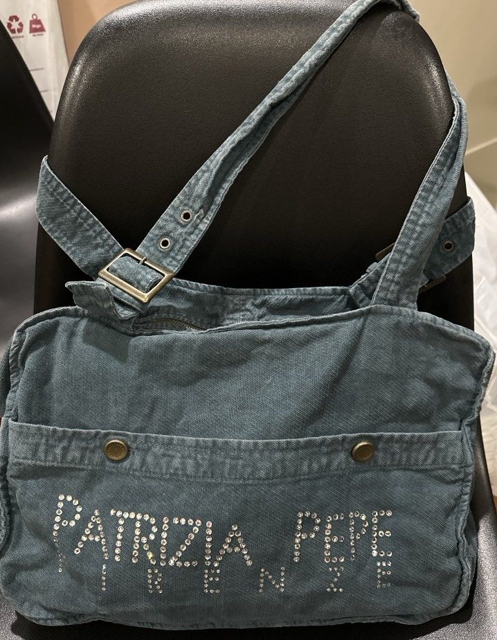 Cotton Canvas Shoulder Tote Bag (Category: Tote Bags) located in Manila. Submitted by krystalchewey_ (Listing ID 1466429356, Image 2). Description: Used Actual Photo Posted 695php vintage Patrizia Pepe Firenze cotton canvas shoulder bag, nicely detailed with sparkling rhinestone lettering across the front pocket..