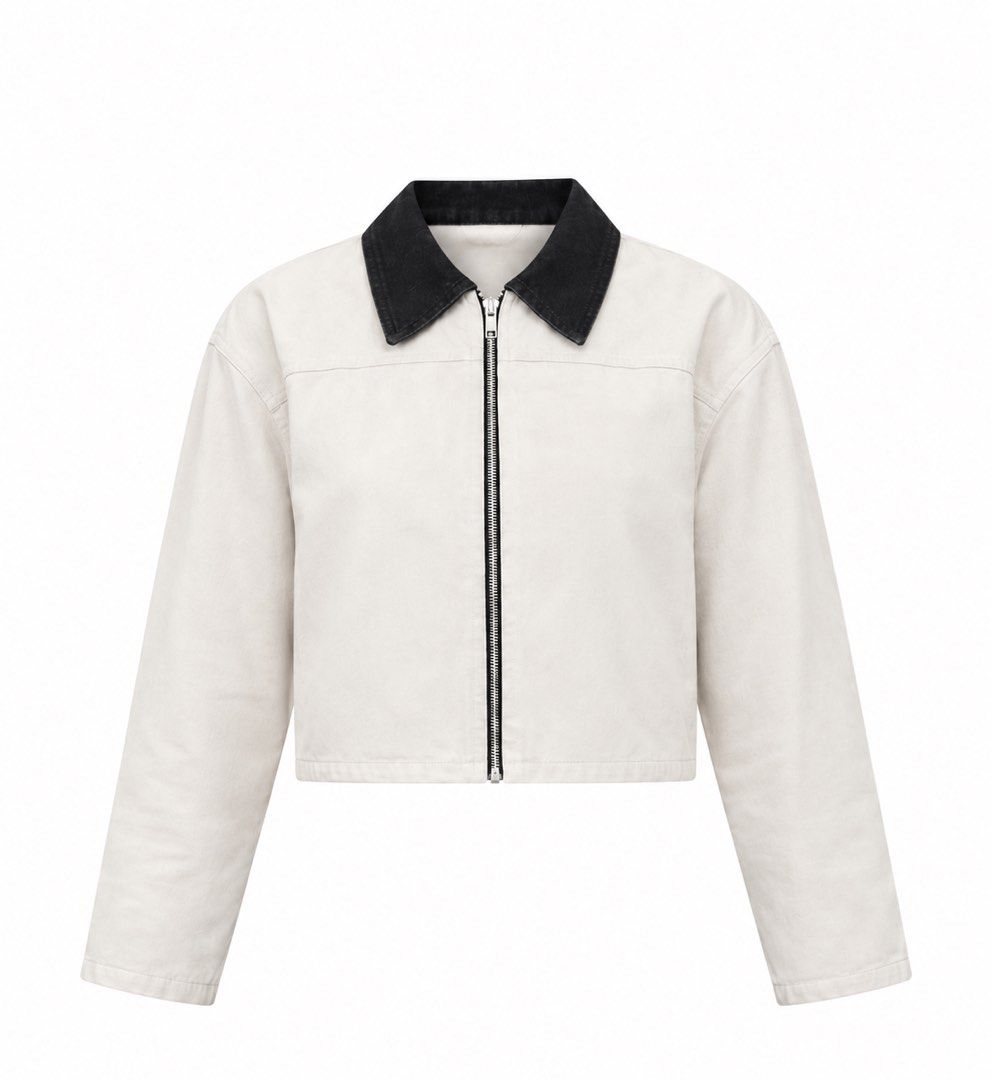 Cropped Jacket with Black Collar/ Barn Jacket (Category: Coats, Jackets and Outerwear) located in Manila. Submitted by itssharc (Listing ID 1461363663, Image 1). Description: - Cream colored cropped jacket - Black collar - Zip-up front - Horizontal black stripe detail on the back - Lightweight material - Ideal for layering - Brand: Oxgn.