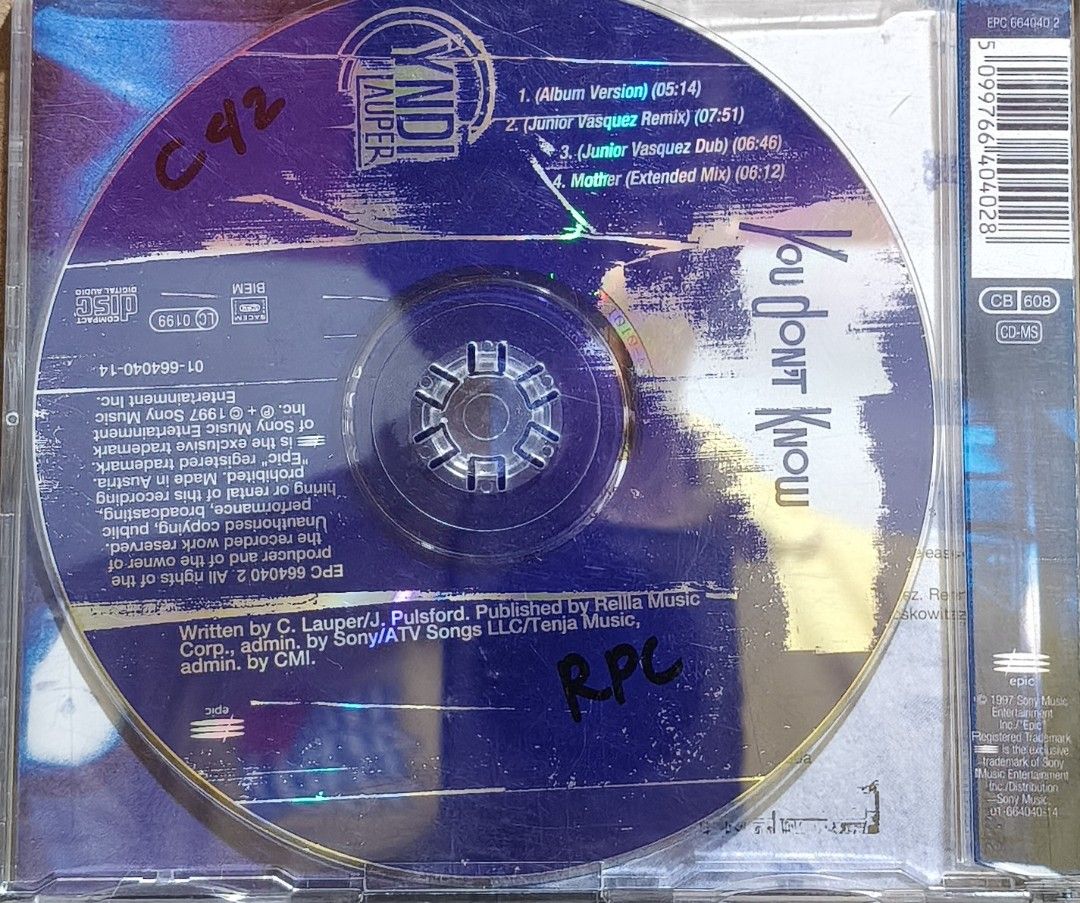 Cyndi Lauper You Don't Know CD Single (Category: CDs & DVDs) located in Manila. Submitted by ruelcabrer77078 (Listing ID 1466430452, Image 3). Description: - Artist: Cyndi Lauper - Title: You Don't Know CD Single - Release Year: 1997 (Epic Records, EPC 664040 2) - Tracks (4): Album version, Junior Vasquez remix & dub, Mother extended mix - Condition: Jewel case with back insert and disc included; please note there is marker writing on the CD surf