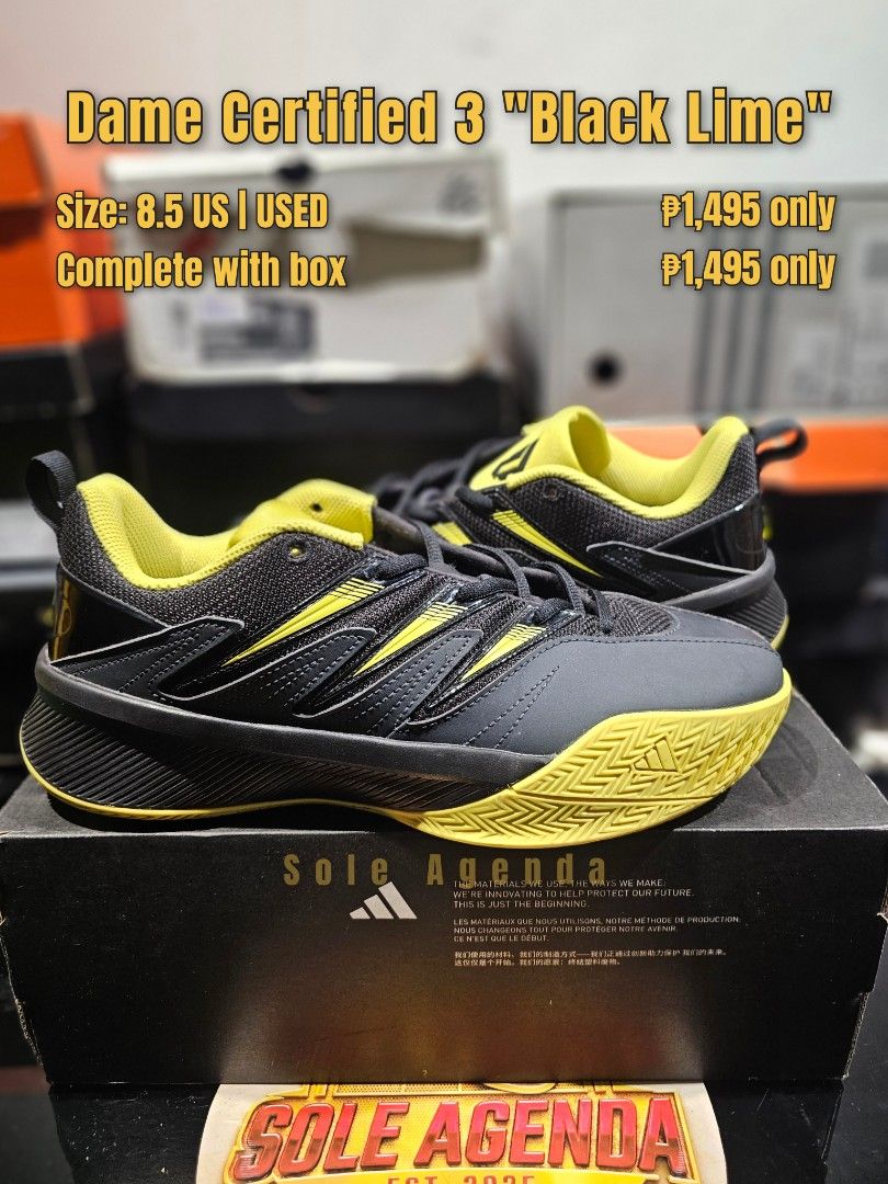Dame Certified 3 (Category: Sneakers) located in Manila. Submitted by ejjjjj09 (Listing ID 1466382238, Image 1). Description: Dame Certified 3 "Black Lime" Size: 8.5 US | Used Complete with box ₱1,495 only Location: Dasmariñas, Cavite Shipping via: Jnt | Lalamove (Pin: Sole Agenda) Mode of Payment: GCash / Maribank Payment first: No COD | COP DP is required for reservation (non refundable)..